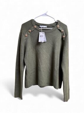Mango MNG Green Button Shoulder Ribbed Knit Sweater Women’s XL NWT